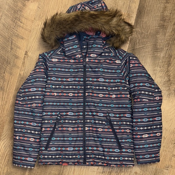 Roxy Girls DryFlight 10K Snow Jacket Navy Tribal Geometric Faux Fur Hood Size 10 - Picture 3 of 5
